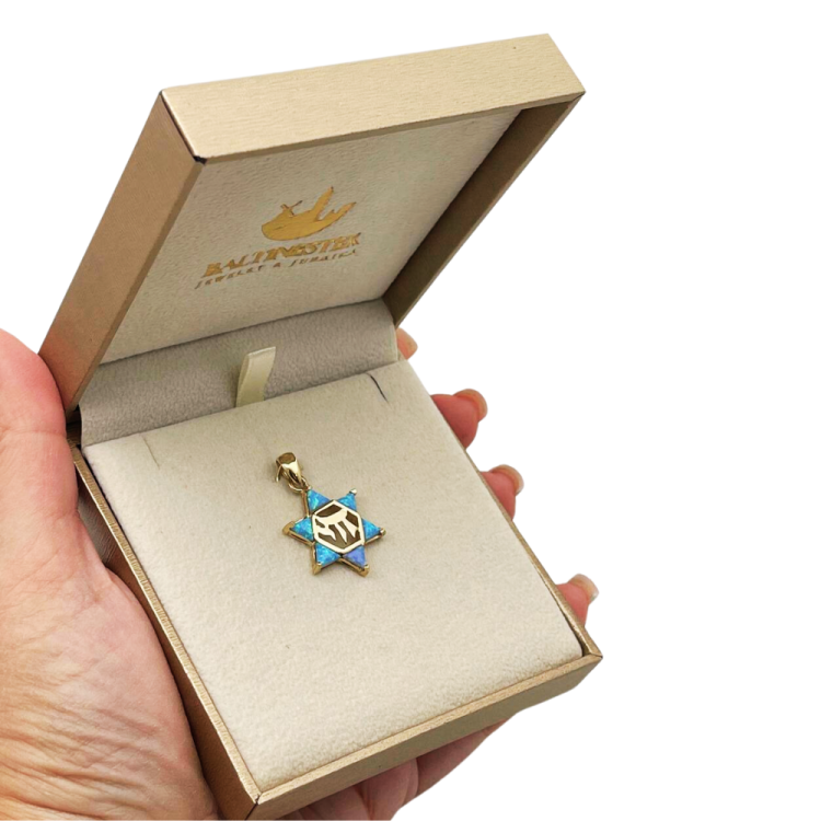 Opal Star of David Chai Pendant in 14k Gold