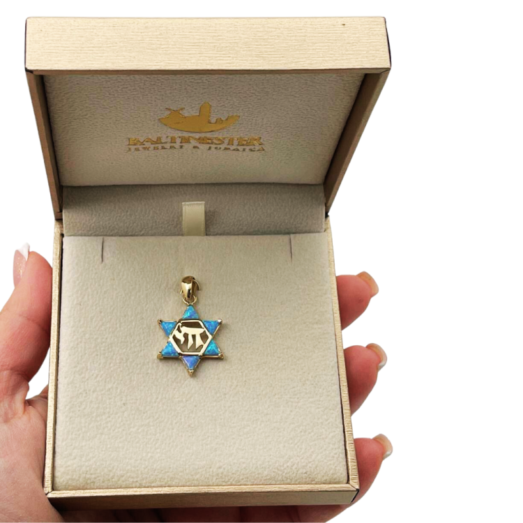 Opal Star of David Chai Pendant in 14k Gold