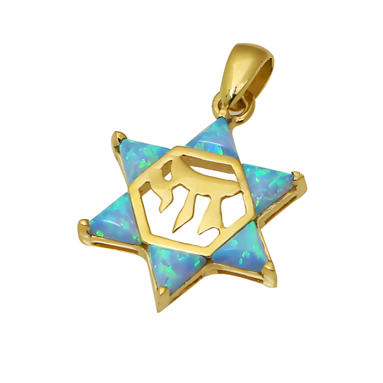 Opal Star of David Chai Pendant in 14k Gold