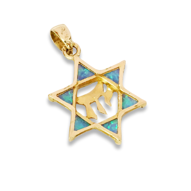 Opal Star of David Chai Pendant in 14k Gold