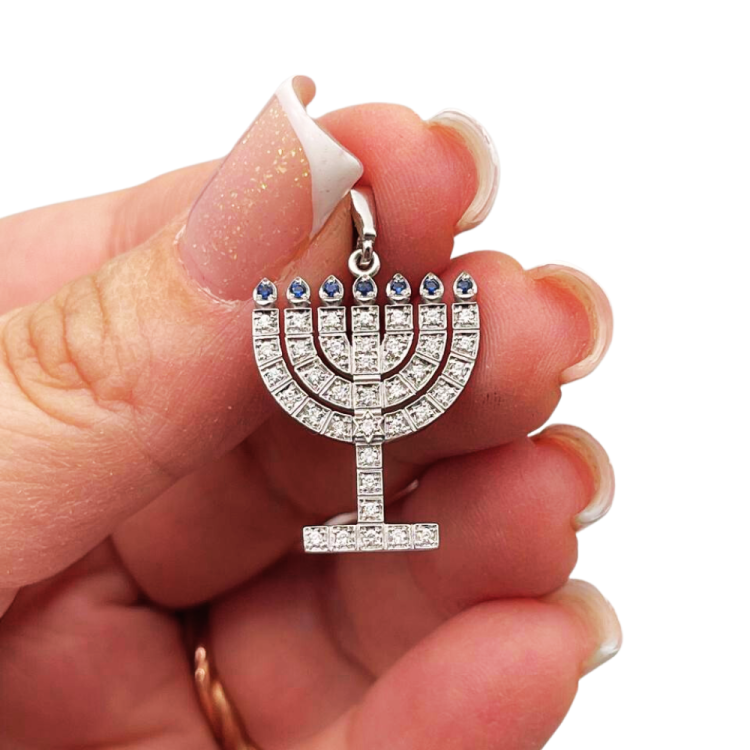 14k White Gold Diamond Sapphire Menorah Pendant