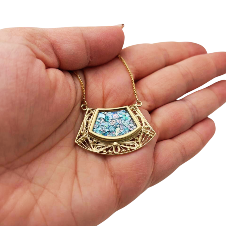 14k Roman Glass Trapezoid Gold Filigree Necklace