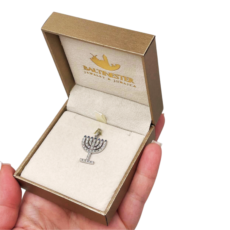 14k White Gold Diamond Sapphire Menorah Pendant