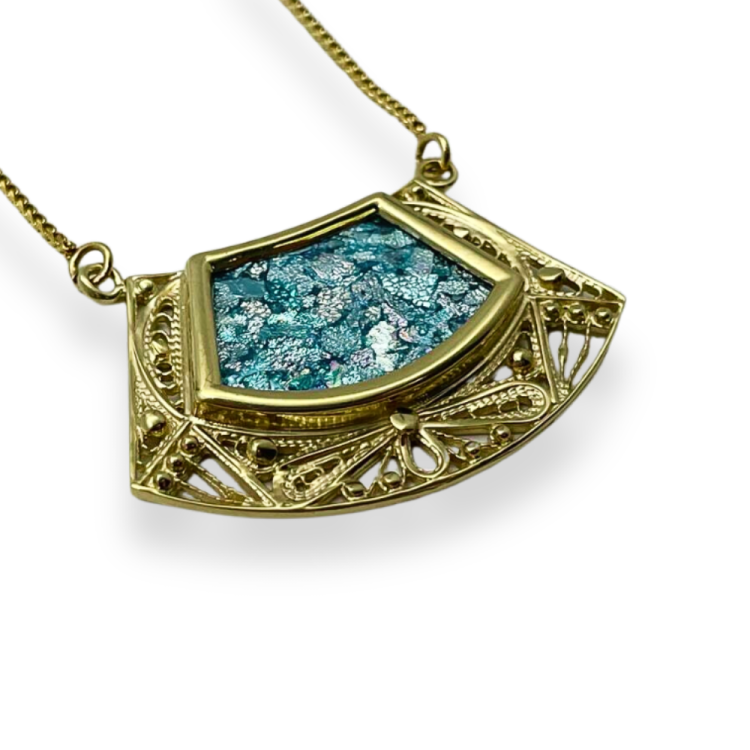 14k Roman Glass Trapezoid Gold Filigree Necklace