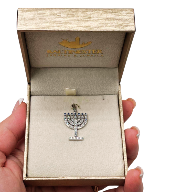 14k White Gold Diamond Sapphire Menorah Pendant