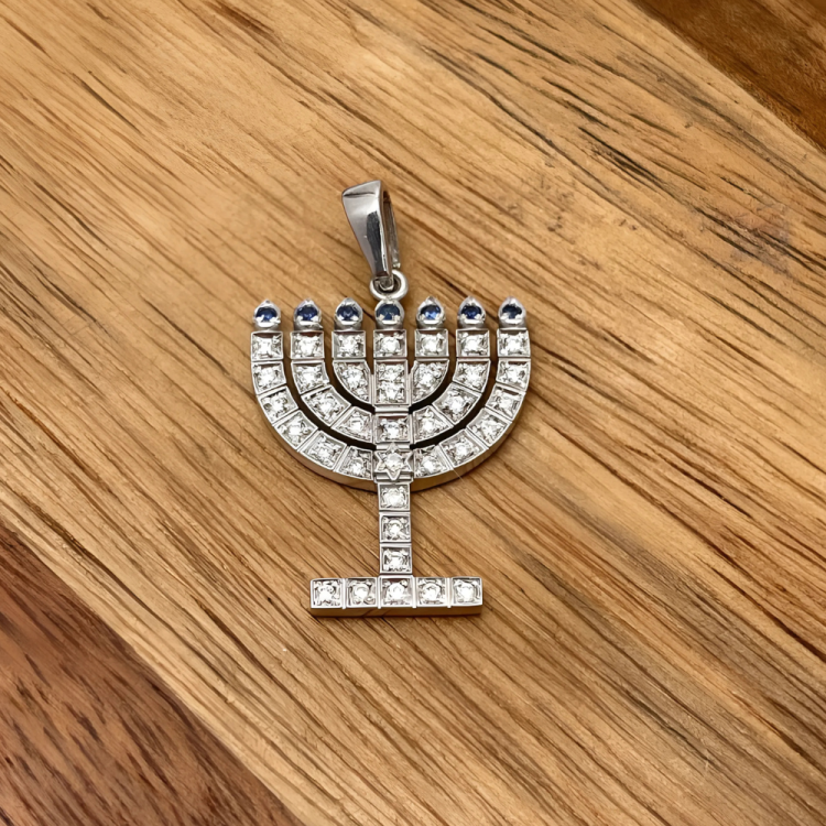 14k White Gold Diamond Sapphire Menorah Pendant