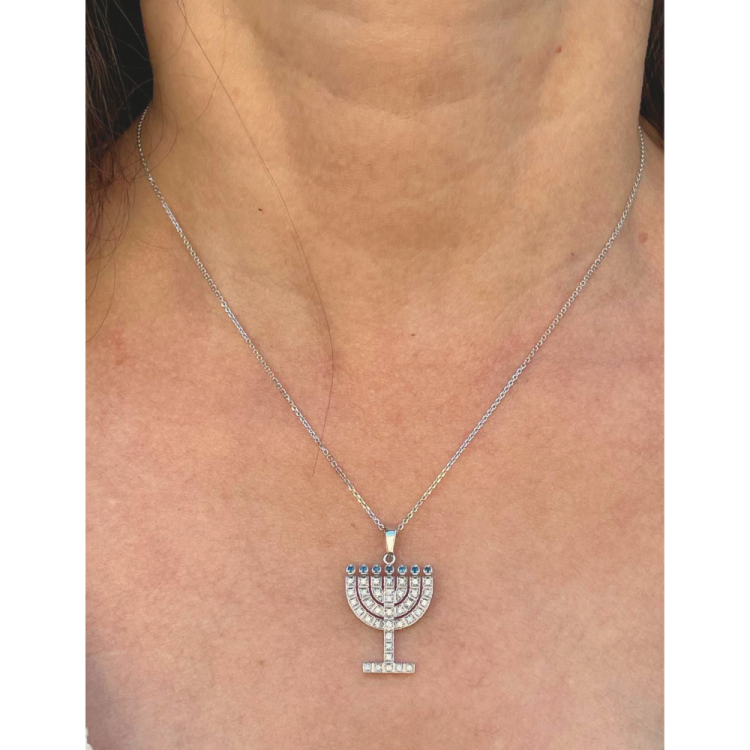 14k White Gold Diamond Sapphire Menorah Pendant