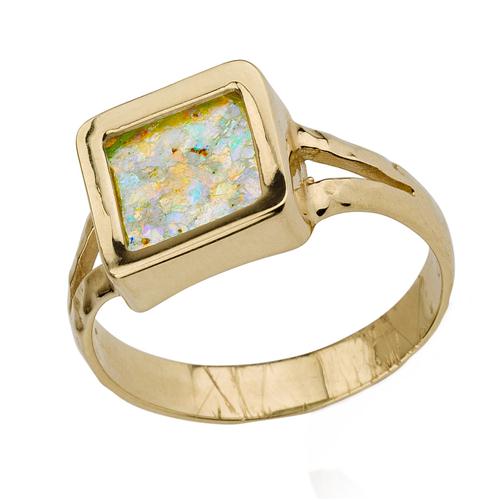 14k Yellow Gold Roman Glass Square Ring - Baltinester Jewelry