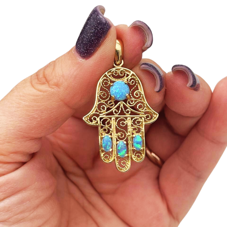 14k Gold Blue Opals Hamsa Pendant