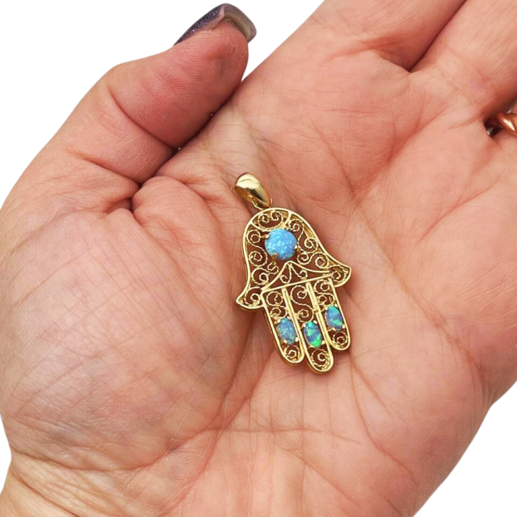 14k Gold Blue Opals Hamsa Pendant