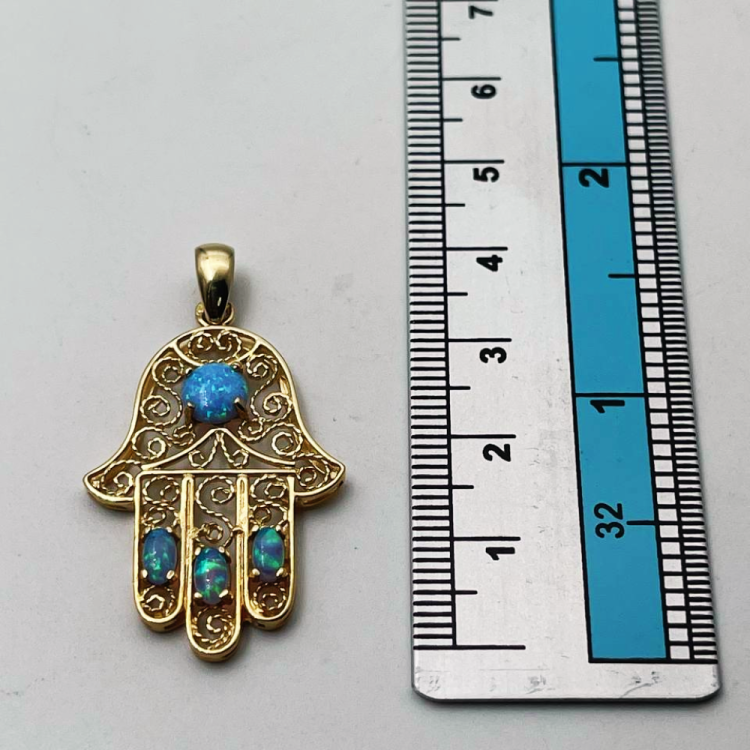 14k Gold Blue Opals Hamsa Pendant