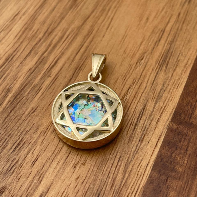 Roman Glass Star of David Large Pendant in 14k Yellow Gold