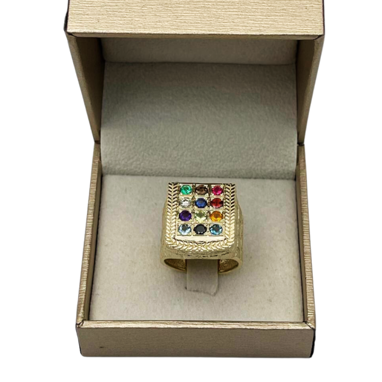 Choshen Semi-Precious Stones Men's Signet Ring in 14K Gold