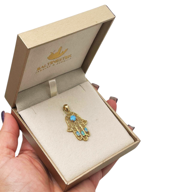 14k Gold Blue Opals Hamsa Pendant