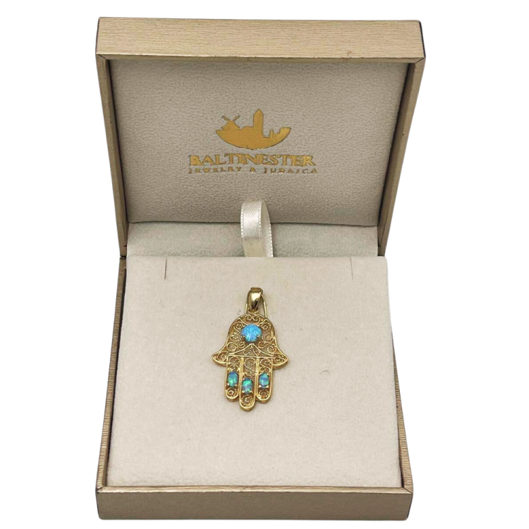 14k Gold Blue Opals Hamsa Pendant