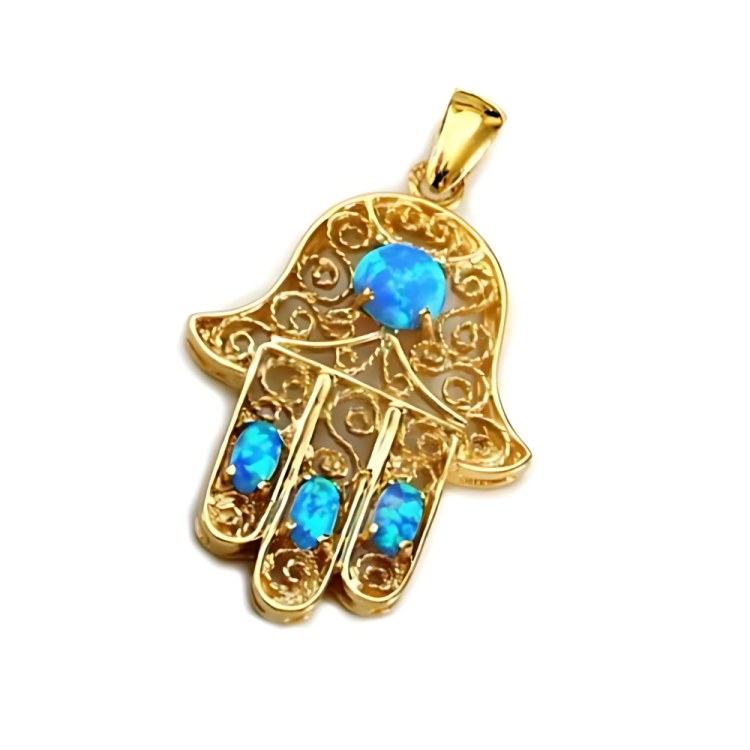 14k Gold Blue Opals Hamsa Pendant