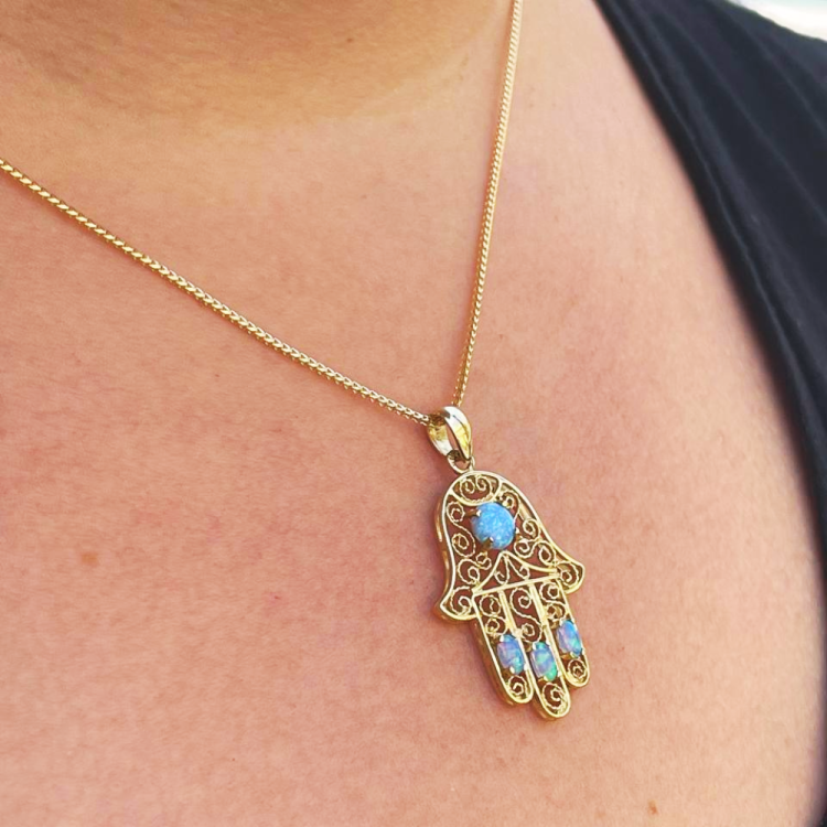 14k Gold Blue Opals Hamsa Pendant