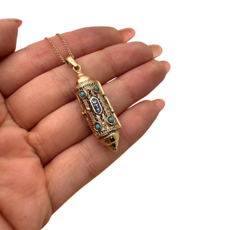 Mezuzah Pendant in 14K Gold Filigree, Blue Turquoise Mezuzah Necklace, Solid 14k Gold Torah Scroll Pendant