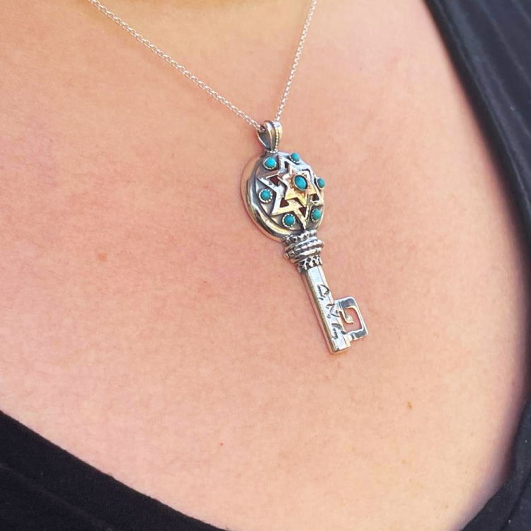 Silver and Gold Key Turquoise Success Kabbalah Necklace