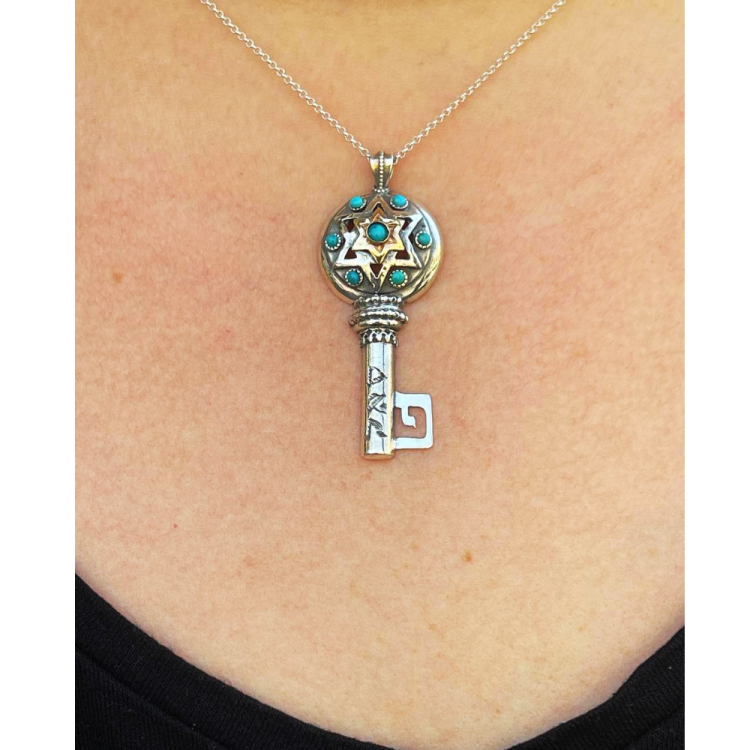 Silver and Gold Key Turquoise Success Kabbalah Necklace