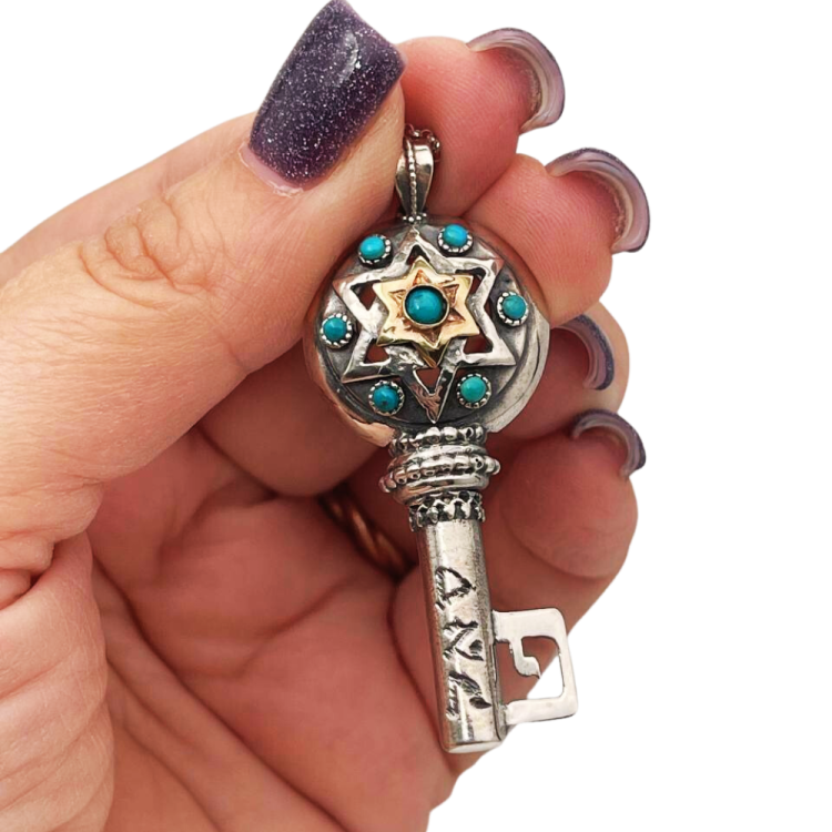 Silver and Gold Key Turquoise Success Kabbalah Necklace