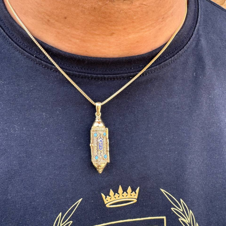 Mezuzah Pendant in 14K Gold Filigree, Blue Turquoise Mezuzah Necklace, Solid 14k Gold Torah Scroll Pendant