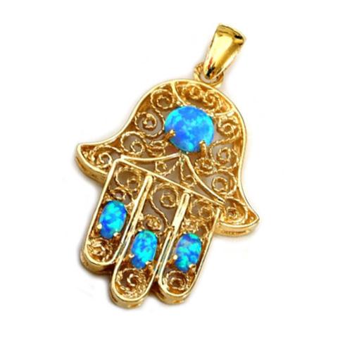 14k Gold Blue Opals Hamsa Pendant - Baltinester Jewelry