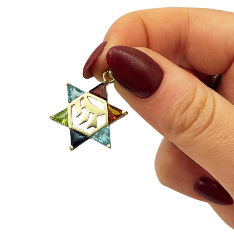 14k Gold Star of David Chai Multicolored Stone Pendant