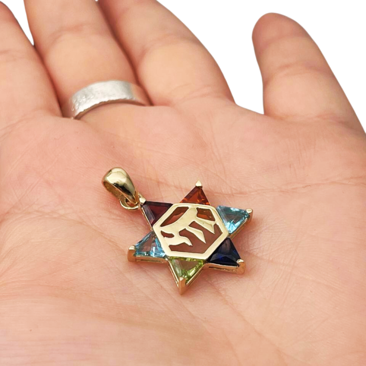 14k Gold Star of David Chai Multicolored Stone Pendant14k Gold Star of David Chai Multicolored Stone Pendant