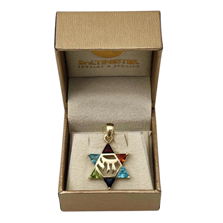 14k Gold Star of David Chai Multicolored Stone Pendant