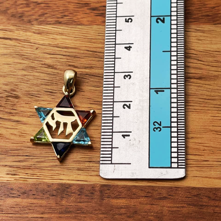 14k Gold Star of David Chai Multicolored Stone Pendant