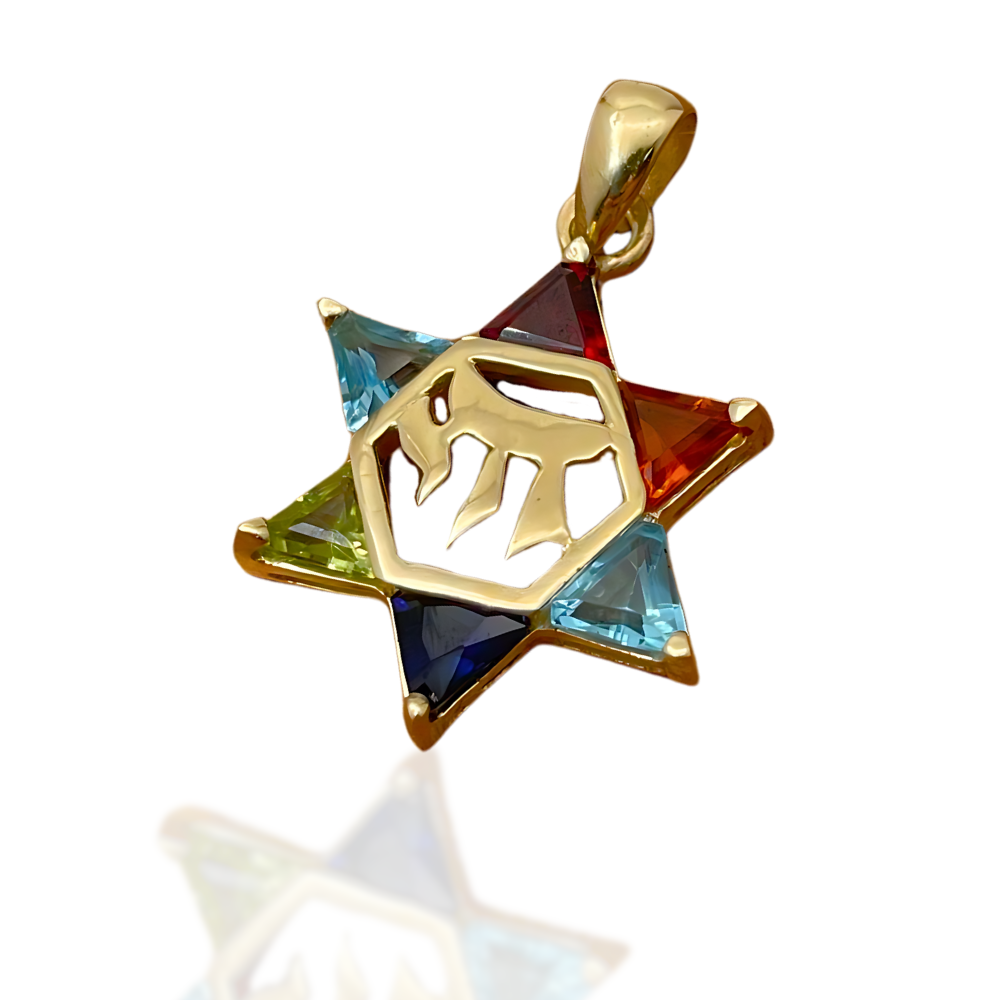 14k Gold Star of David Chai Multicolored Stone Pendant