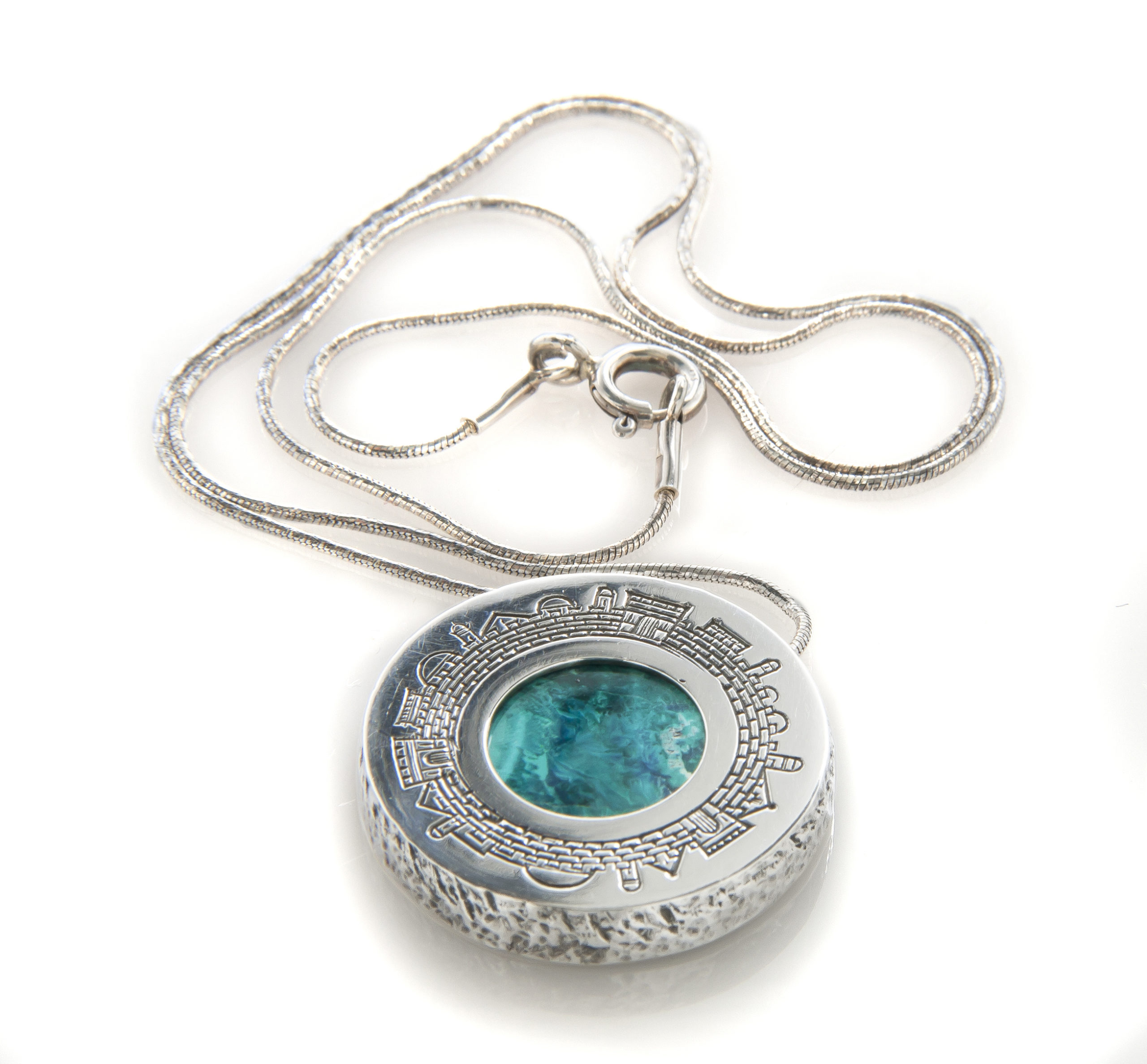 Jerusalem Skyline Eilat Stone Round Textured Silver Necklace - Baltinester Jewelry