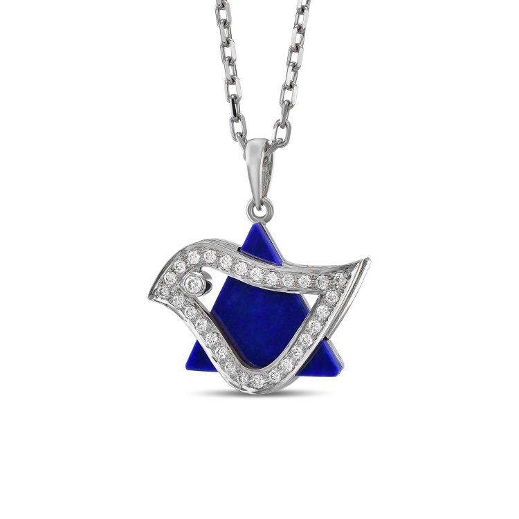 18K Gold Diamond Lapiz Lazuli Dove of Peace Star of David Pendant