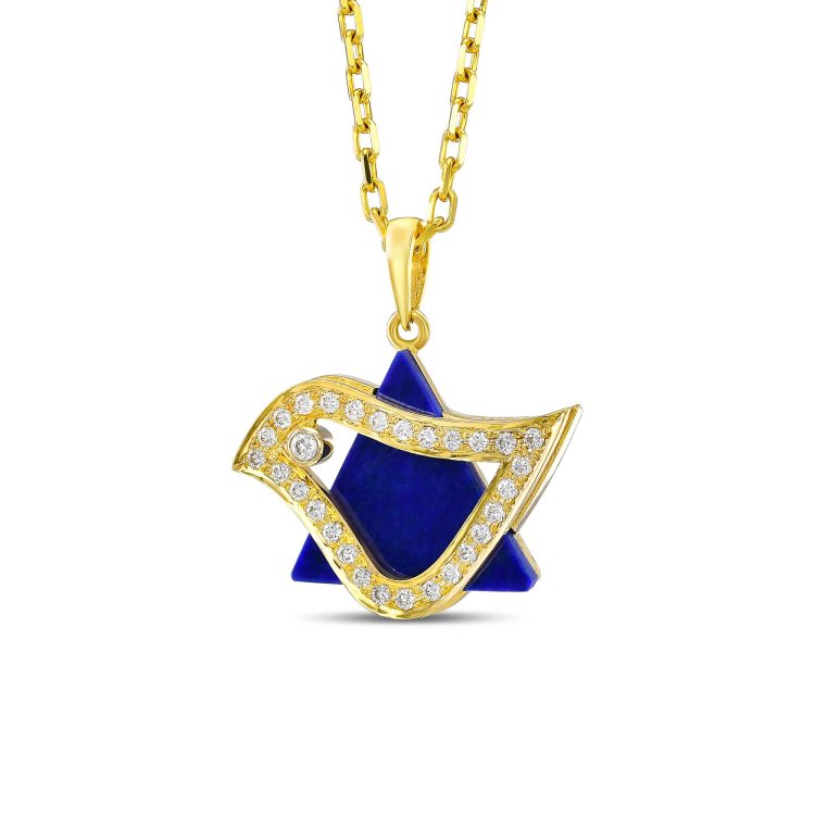 18K Gold Diamond Lapiz Lazuli Dove of Peace Star of David Pendant