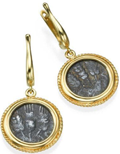 Gold dangling earrings imbued with ancient roman coins in the time of King Agrippa.