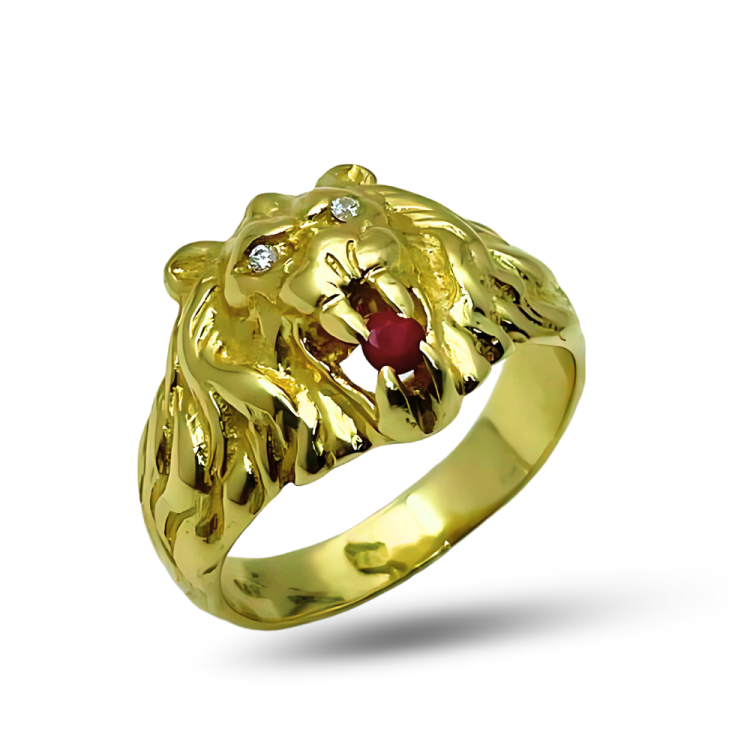 14k Yellow Gold Diamond Lion of Judah Ruby Ring