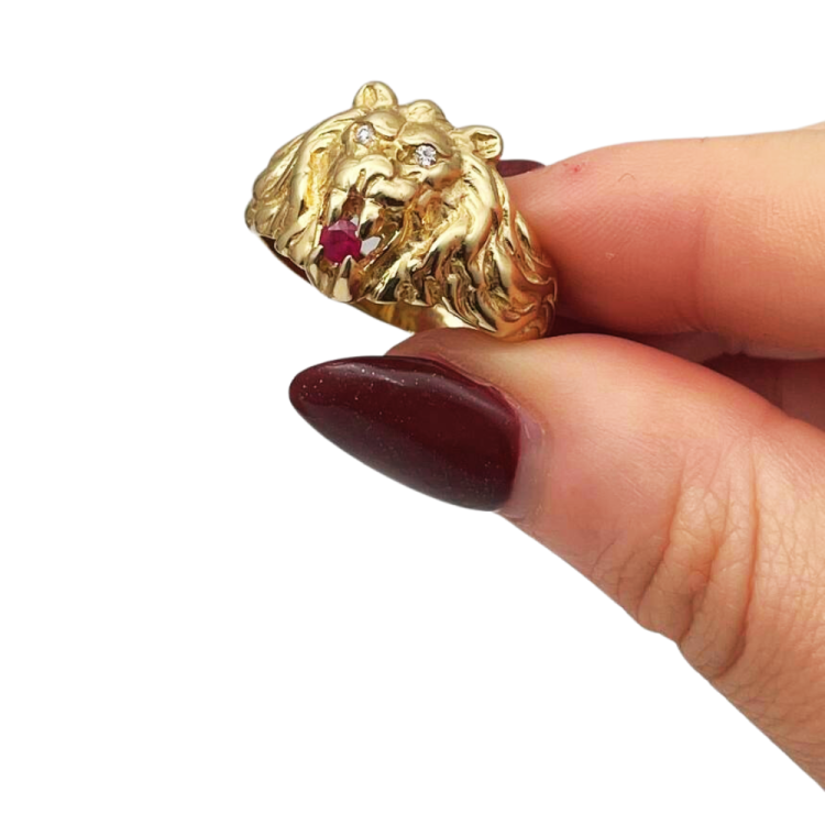 14k Yellow Gold Diamond Lion of Judah Ruby Ring