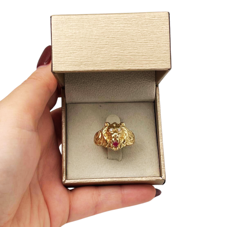 14k Yellow Gold Diamond Lion of Judah Ruby Ring