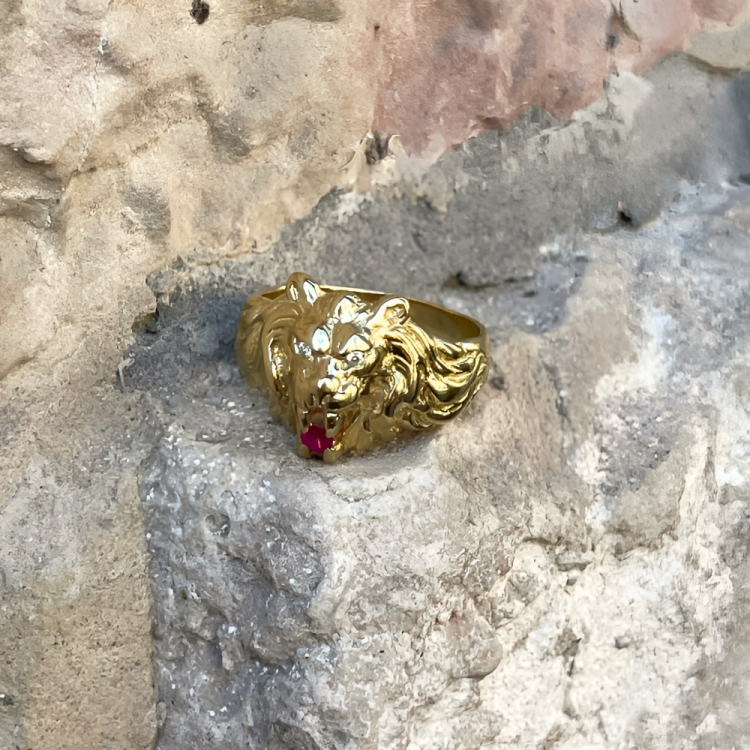 14k Yellow Gold Diamond Lion of Judah Ruby Ring