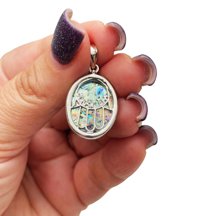 Sterling Silver Roman Glass Hamsa Jerusalem Oval Pendant