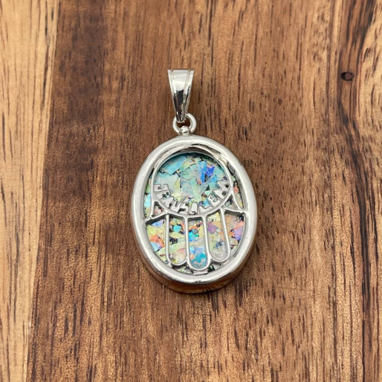 Sterling Silver Roman Glass Hamsa Jerusalem Oval Pendant