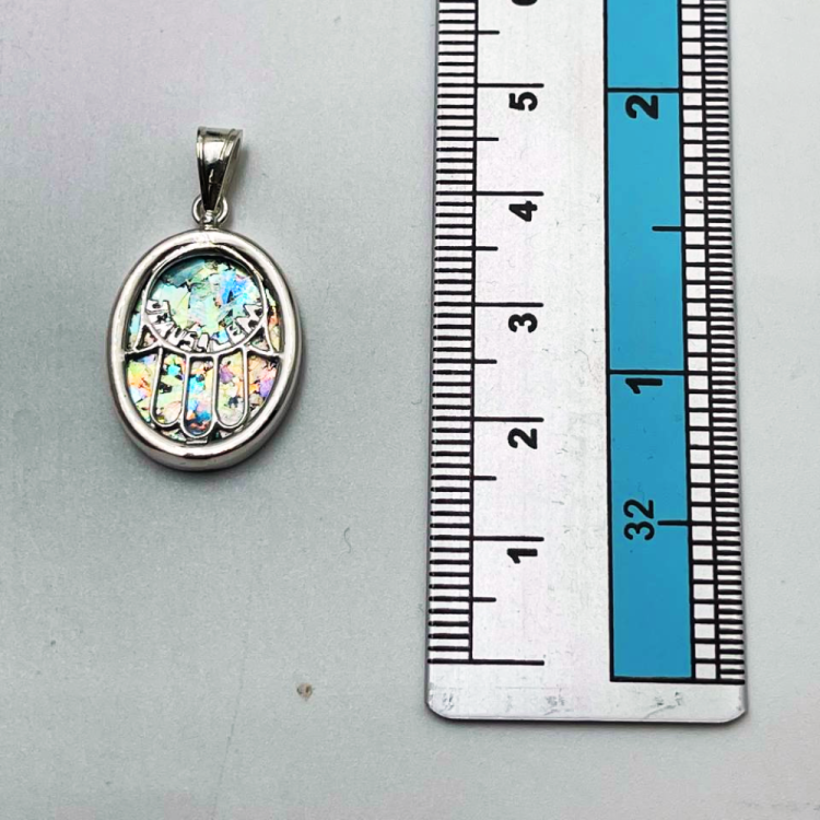 Sterling Silver Roman Glass Hamsa Jerusalem Oval Pendant