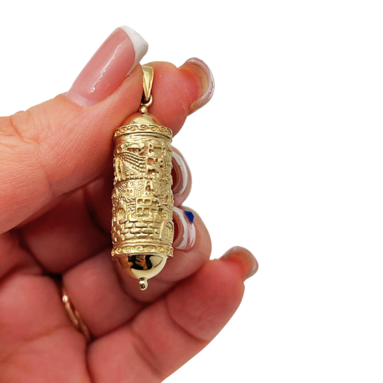 Mezuzah Pendant with Jerusalem Engraved - 14K Gold