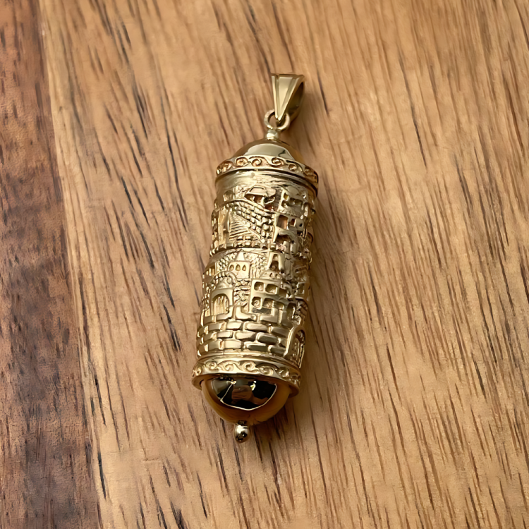 Mezuzah Pendant with Jerusalem Engraved - 14K Gold