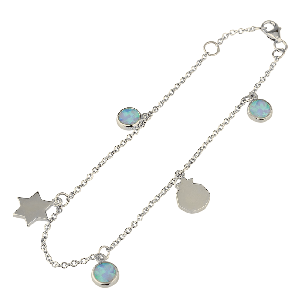 Charm Bracelet with Star of David, Pomegranate and Opal Charms in 14K Gold