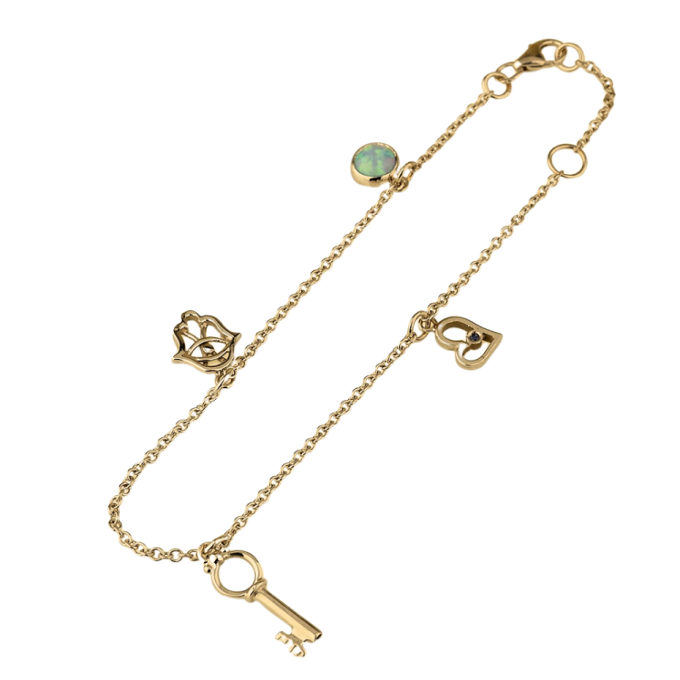 Charm Bracelet with Key, Hamsa and Opal Charms in 14K Gold