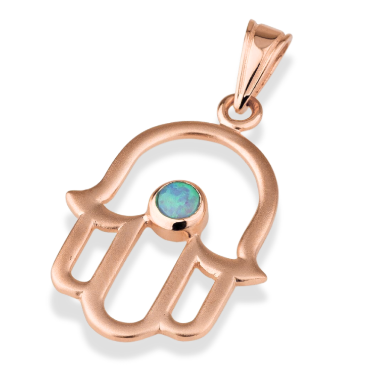 Hamsa Pendant with Light Blue Opal Stone in 14K Gold