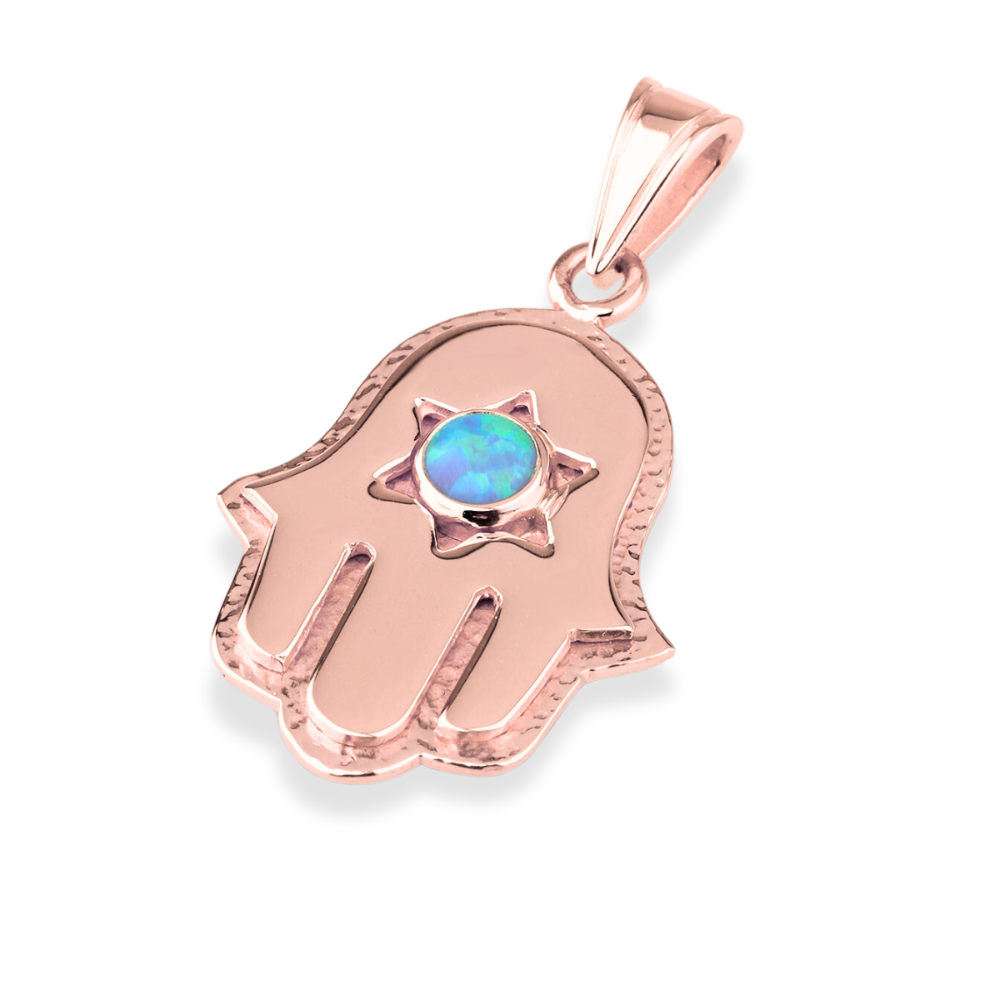 Hamsa and Star of David Pendant with Opal Stone - 14K Yellow Gold