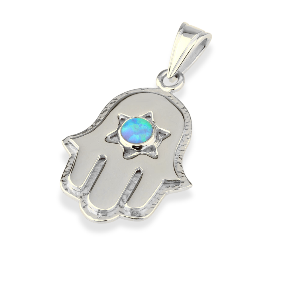 Hamsa and Star of David Pendant with Opal Stone - 14K Yellow Gold